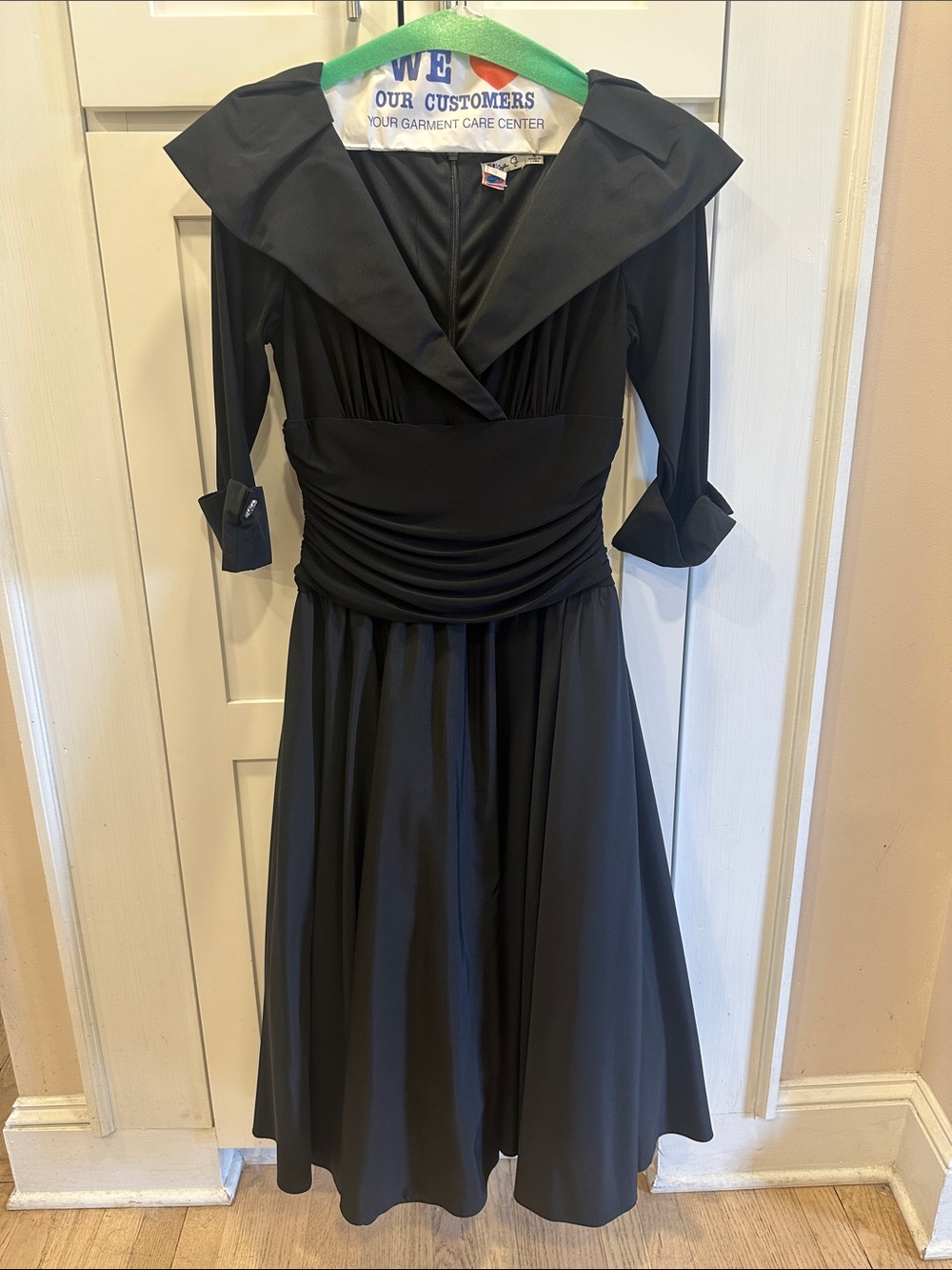 Eliza J Black Midi Dress with Wide Collar and Ruched Waistband
